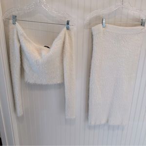 White Long Sleeved Off the Shoulder Crop Top w/ Matching Mid-Length Pencil Skirt